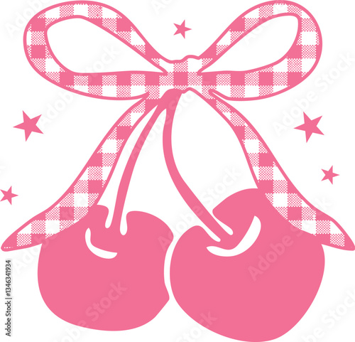 Bow cherry gingham cherries cute doodle vino wine wavy slogan trendyl bow ribbons cute checker modern trending Tee t-shirt logo slogan graphic artwork typography tote badge emblem sketch