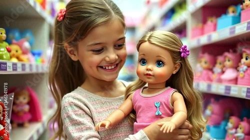 girl in a toy store holding a doll
