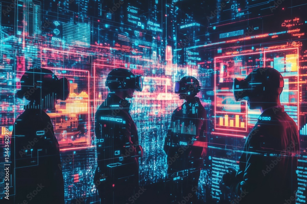 An abstract scene showing a group of diverse professionals in a futuristic, open virtual space, wearing a VR headset, and floating business dashboards, interconnected graphs. An abstract scene showing a group of diverse professionals in a futuristic, open virtual space, wearing a VR headset, and floating business dashboards, interconnected graphs.