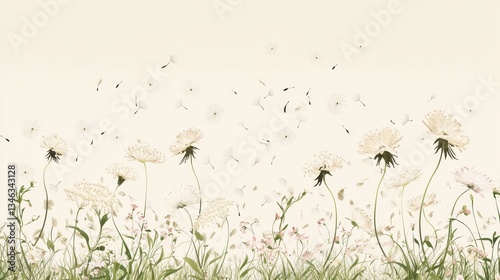 Dandelion Seeds Blowing in Gentle Breeze with Spring Meadow.