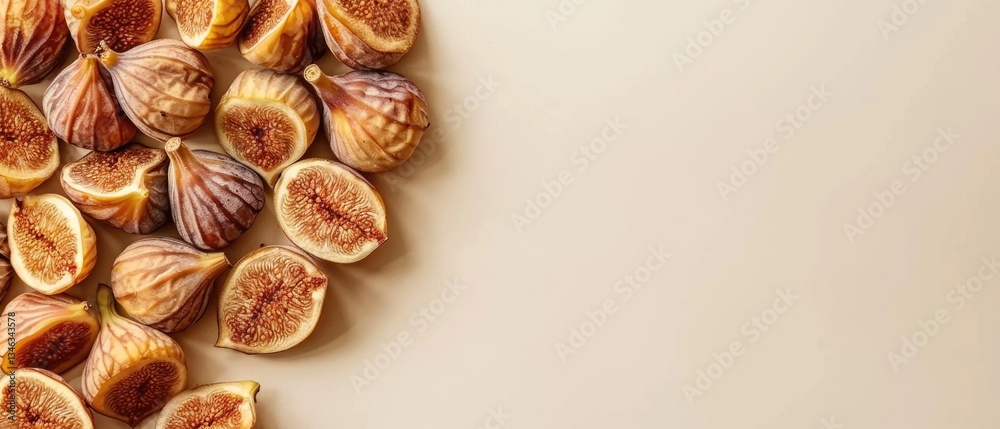 Freshly sliced figs arranged on a light textured background. Flat lay composition with copy space for food and health design. Top down aerial view of dried fig scattering around background. AIG55. Freshly sliced figs arranged on a light textured background. Flat lay composition with copy space for food and health design. Top down aerial view of dried fig scattering around background. AIG55.