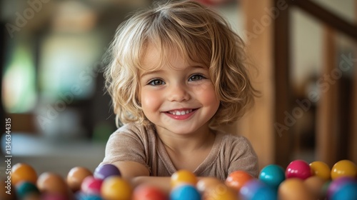 Adorable Toddler Girl Smiling Amidst Colorful Easter Eggs