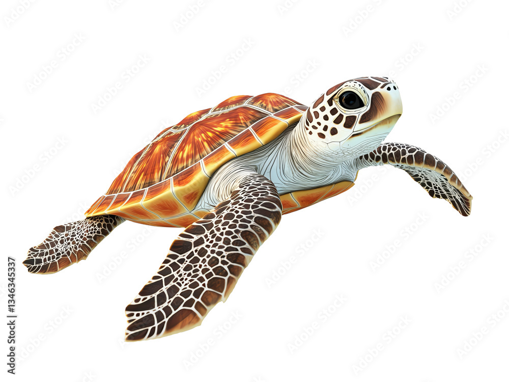 Obraz premium Background separated transparent background. Orange And Brown Sea Turtle Swimming Against Black Background