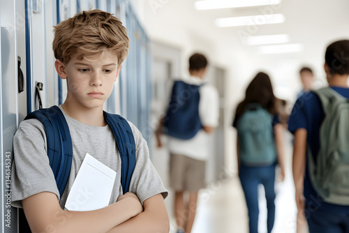middle school student looking at failing test grade while leaning against locker as other students pass by 