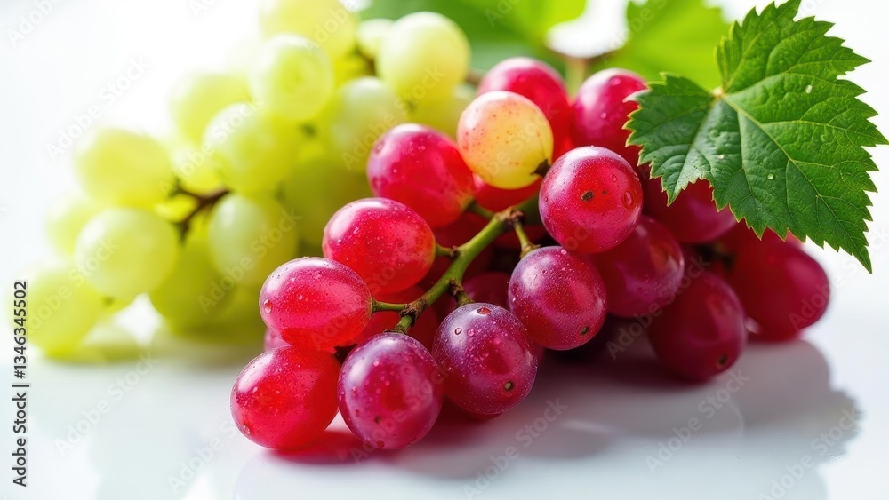 A vibrant close-up showcasing clusters of ripe red and green grapes, glistening with moisture, elegantly presented on a smooth surface with a lush green vine leaf. A vibrant close-up showcasing clusters of ripe red and green grapes, glistening with moisture, elegantly presented on a smooth surface with a lush green vine leaf.