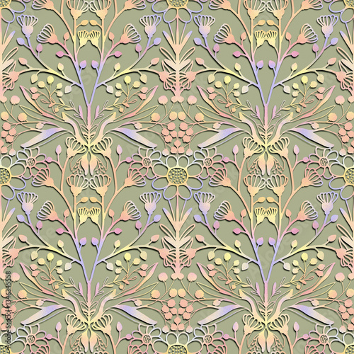 Multi colored floral ornament. Abstrac print. Paper texture background. Digital painting. Noise effect.