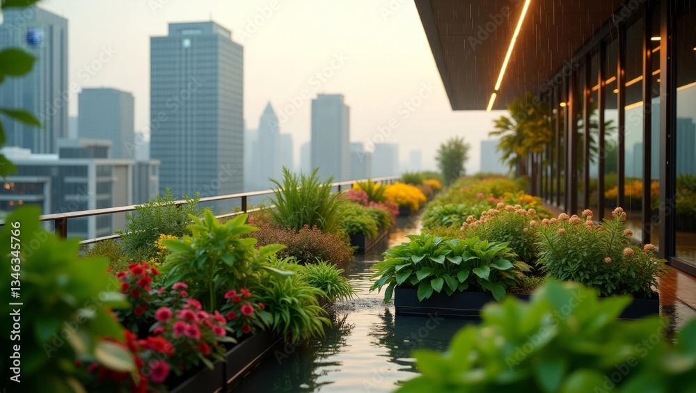 Fototapeta premium A vibrant cinematic photograph on a rooftop garden with city buildings in the background during a light rain, generate AI