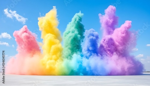 Vivid colored smoke plumes erupt against a bright blue sky background