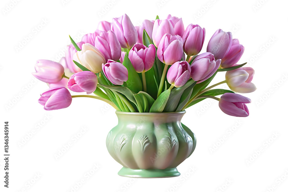 Fototapeta premium purple Tulips Blooming A Vibrant Spring Bouquet in a ornate vase isolated on transparent background 