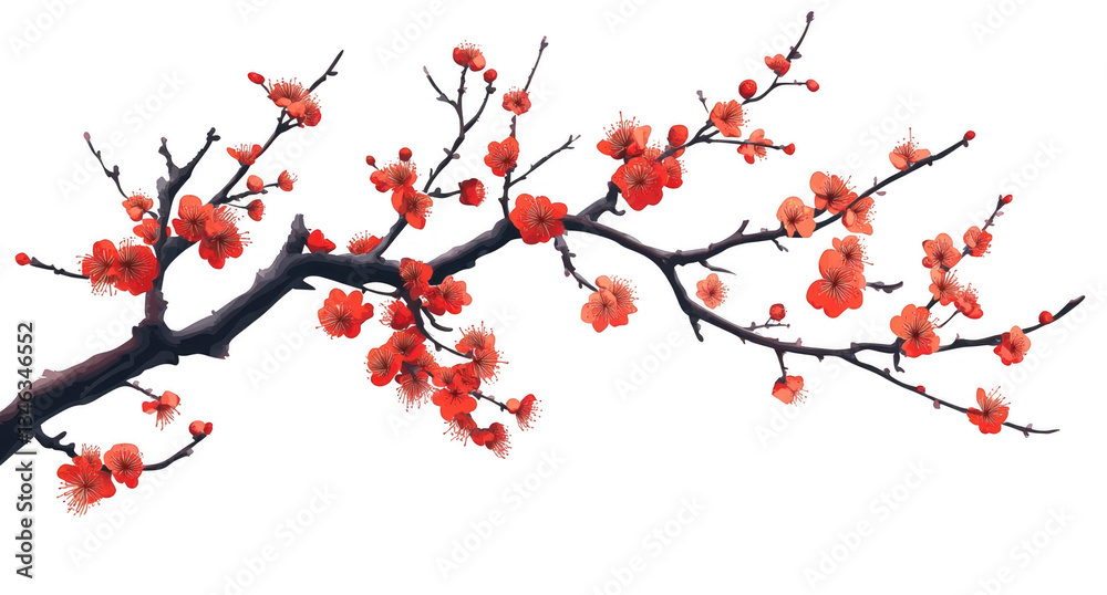 Red Plum Blossoms Branch on Black Background Red Plum Blossoms Branch on Black Background