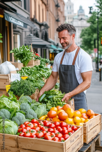 A man in a gray apron smiles while arranging vibrant vegetables at an outdoor market. The atmosphere is lively, showcasing fresh, seasonal produce in a sunny urban environment
