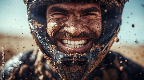 Smiling motocross rider covered in mud during an exhilarating dirt bike race