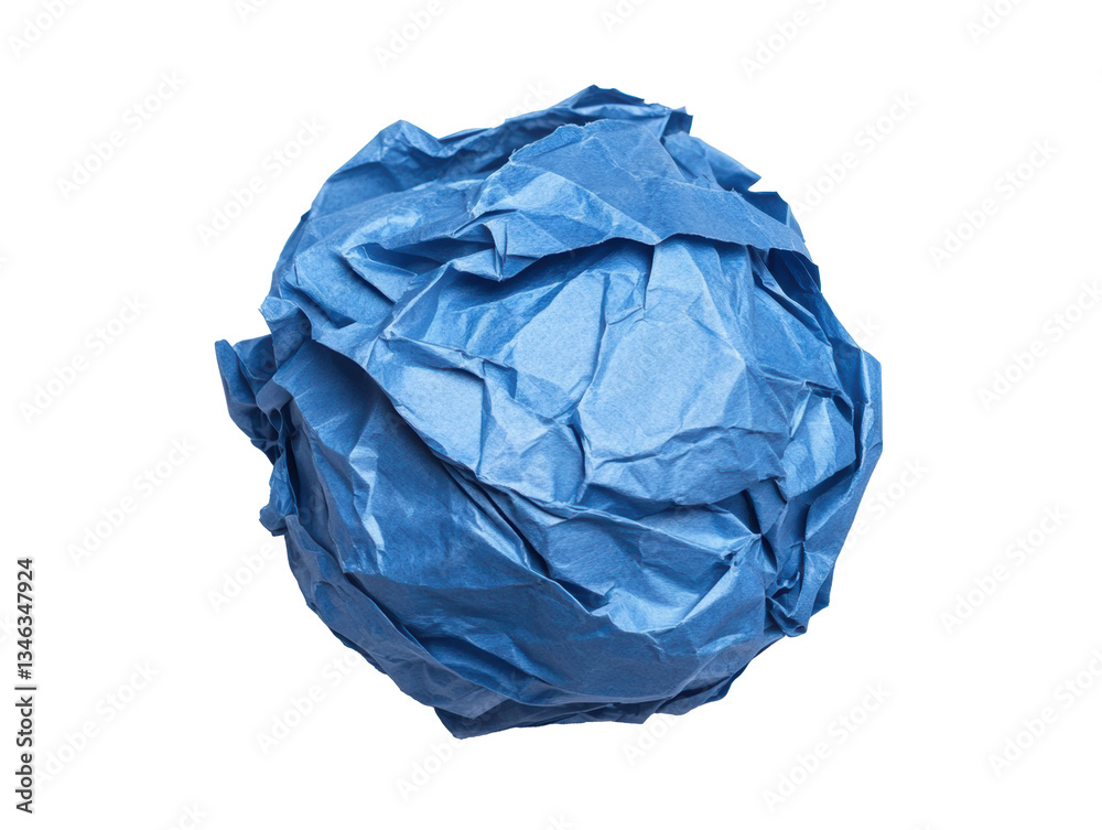Fototapeta premium Crumpled blue paper ball rests on a white surface on a transparent background, cut out