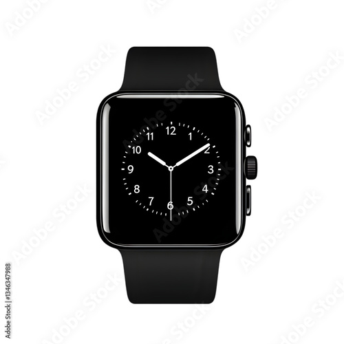 Elegant black smartwatch with an analog-style digital clock on a white background. photo