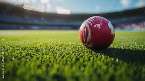 Close-up of red cricket ball resting on lush green grass in stadium under sunlight, showcasing detailed texture of ball and vibrant sports atmosphere, horizontal banner format with copy space