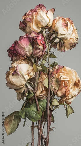 Vintage dry flowers bouquet with withered roses and green leaves on gray background