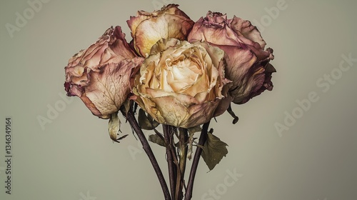 Dried vintage roses bouquets with soft pastel colors on neutral background