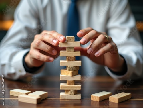 Strategy in the Balance: A focused business professional carefully removes a wooden block from a tower, symbolizing risk, strategy, and problem-solving.