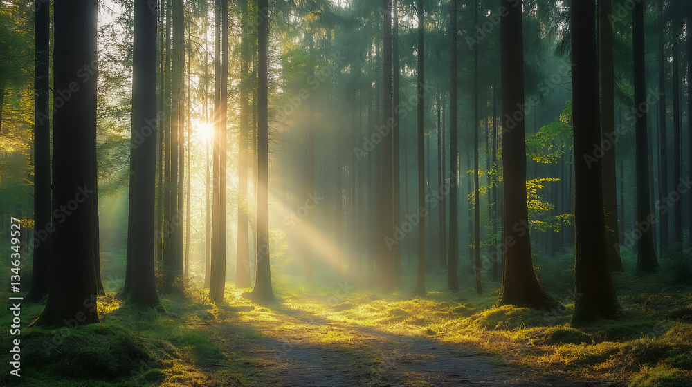 Obraz premium Silent Forest in spring with beautiful bright sun rays