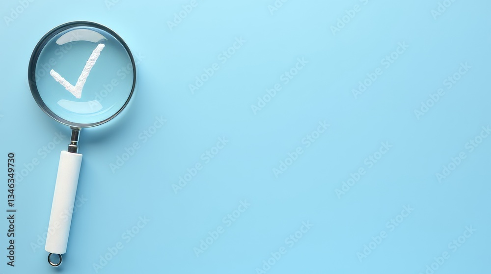Magnifying the Approved: A magnifying glass focuses on a check mark, placed on a light blue surface with ample copy space. Magnifying the Approved: A magnifying glass focuses on a check mark, placed on a light blue surface with ample copy space.