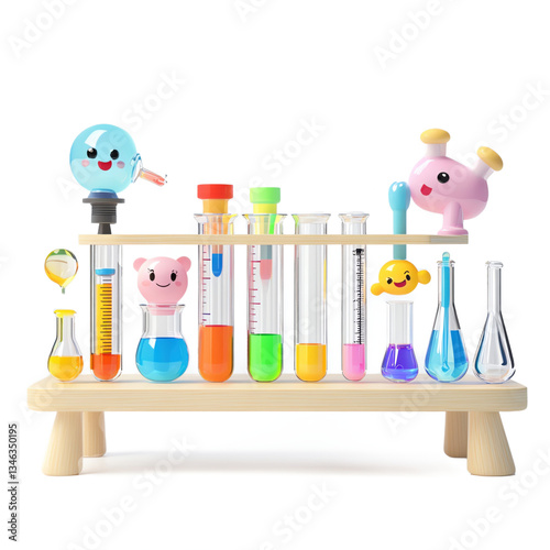 Background separated transparent background. Colorful Cartoon Animals Science Experiment Playset on Wooden Rack