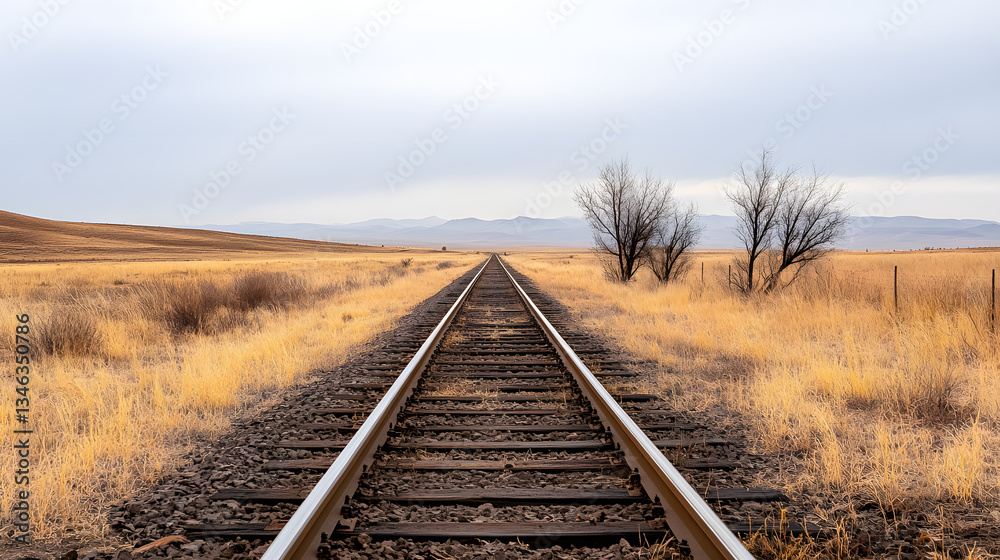 Obraz premium railway, train, rail, railroad, track, transportation, travel, tracks, transport, sky, road, steel, landscape, perspective, rails, way, line, distance, journey, long, path, nature, iron, parallel, met