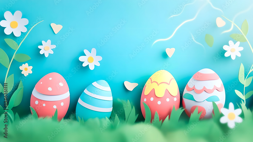 Fototapeta premium Paper Illustration made of colorful Easter eggs on a light lightning background. Easter