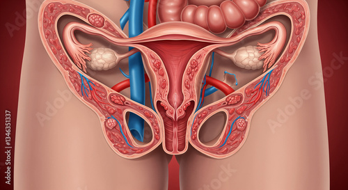 Female reproductive system anatomical illustration, medical cross-section diagram showing uterus, fallopian tubes and ovaries, educational and healthcare visualization