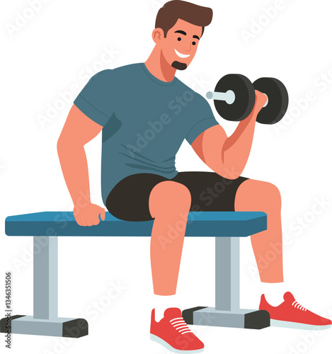 Man Training Biceps with Barbell in Gym