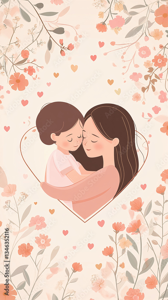 Mother embracing her child in heart-shaped frame with floral accents in pastel blue tones Mother embracing her child in heart-shaped frame with floral accents in pastel blue tones