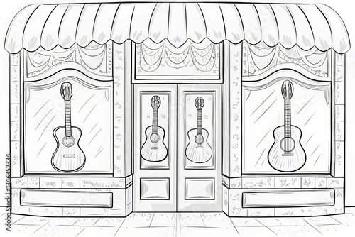 Store Front theme, Storefront featuring guitars in a decorative setting with large windows. Outline for coloring.