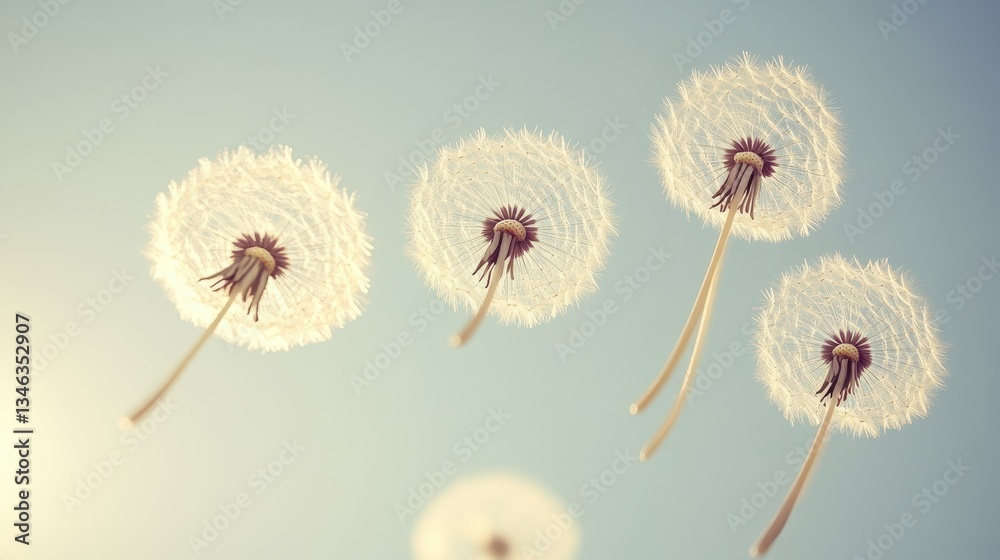 Fototapeta premium Dandelion Seeds Floating on Blue Sky Background.