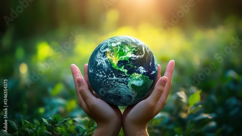 Fototapeta Naklejka Na Ścianę i Meble -  Hands cradling a globe earth amidst green leaves in sunlight