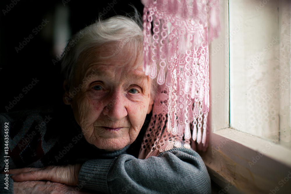A portrait of an elderly woman sitting by the window in a rustic village house, illuminated by soft natural light.