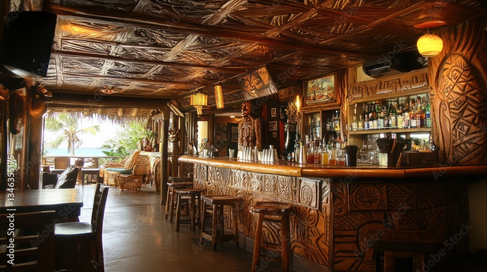 Tropical Tiki Bar Interior View, Beachfront Tropical Tiki Bar Interior View, Beachfront