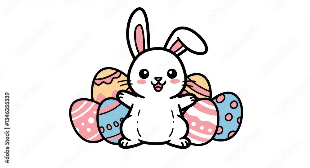 Obraz premium Cute cartoon bunny happily surrounded by colorful Easter eggs, set against a simple white background
