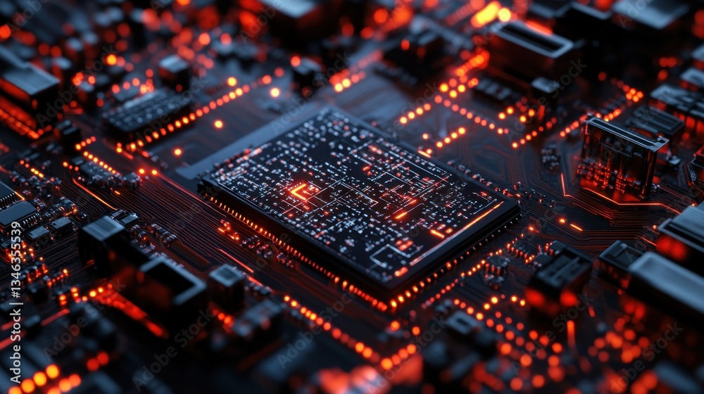 Fototapeta premium A stunning close-up of a circuit board featuring intricate designs and glowing red elements against a dark background, showcasing modern technology and innovation.