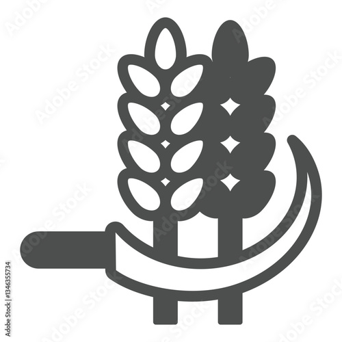 Sickle cuts ears of wheat solid icon, wheat production concept. Vector graphics. Wheat plant with sickle tool sign on white background, glyph style icon for mobile or web design.