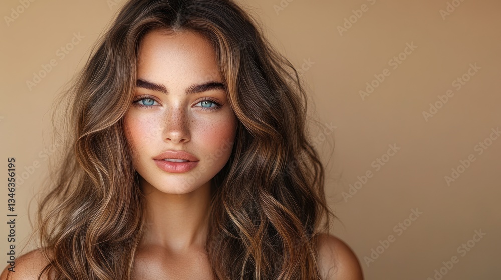 Fototapeta premium Stunning Portrait of a Young Woman with Long Brown Wavy Hair and Blue Eyes