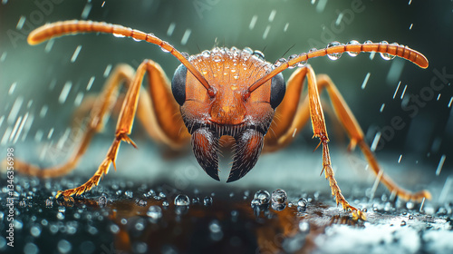 Macro shot of an ant with water droplets on a wet black surface.