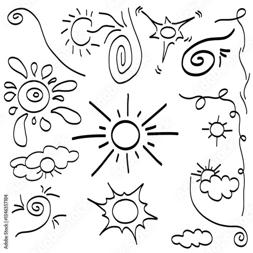 Whimsical, hand drawn suns, clouds, and swirls evoke a playful and carefree summer atmosphere, perfect for children's projects or lighthearted designs