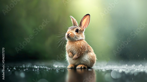 Closeup of a rabbit with water droplets on a wet surface.