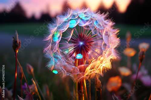 Enchanting display of glistening dew drops delicately adorning ethereal dandelion seeds, unveiling enchanting beauty and captivating charm of this humble flower in gentle embrace of morning sun