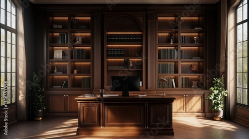Luxurious Dark Wood Study Room with Bookshelves and Desk photo