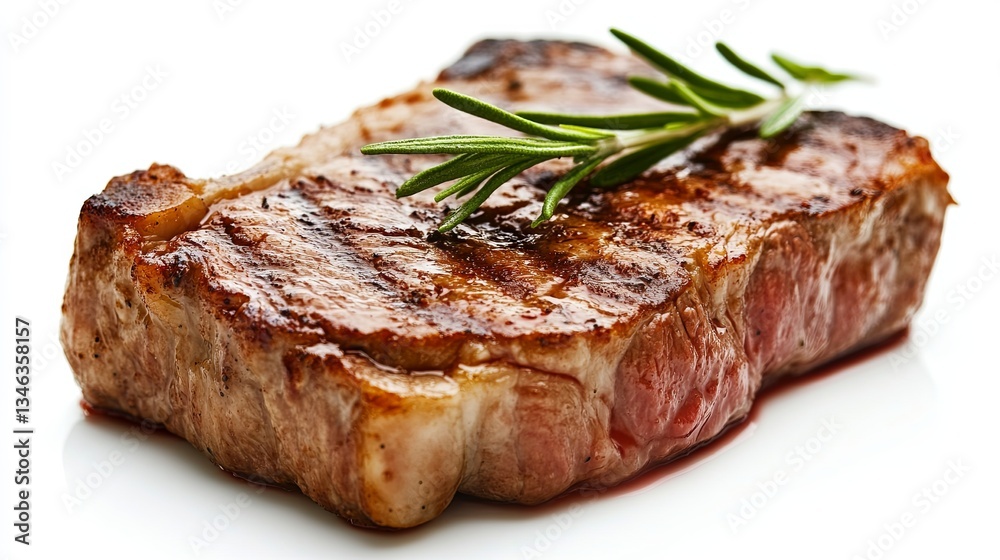 A slice of succulent steak on a plain white background A slice of succulent steak on a plain white background