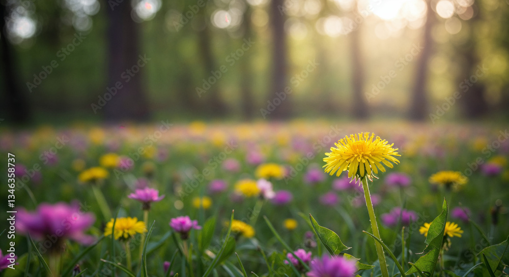 Obraz premium Bright yellow dandelion in spring meadow, Purple wildflowers in soft focus background, Natural environment with bokeh effect, Nature awakening and growth concept