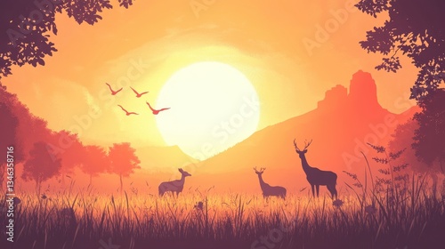 Deer at Sunset with Serene Wildlife Landscape.