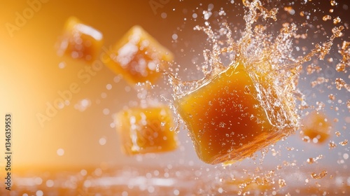 A dynamic image capturing ice cubes splashing in a vibrant orange liquid, showcasing the essence of refreshment and the invigorating burst of flavor in a drink.