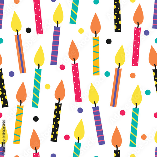 Birthday cake candles with fire flame. Small wax sticks with burning wick isolated on white background. Seamless pattern of candles for holiday party.