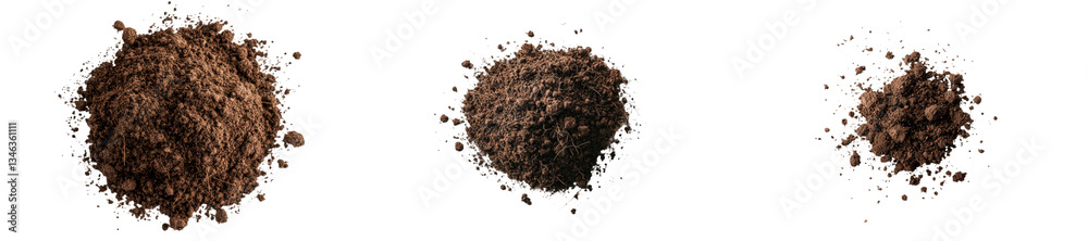 Scattered dirt and a flying soil pile are captured in a top view, with the entire scene set against a white background Scattered dirt and a flying soil pile are captured in a top view, with the entire scene set against a white background